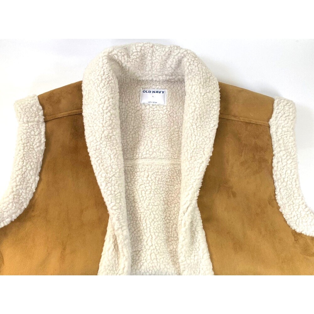 Old Navy Sherpa Lined Faux Suede Vest Womens Size L Cream Camel Brown Jacket - Picture 2 of 16